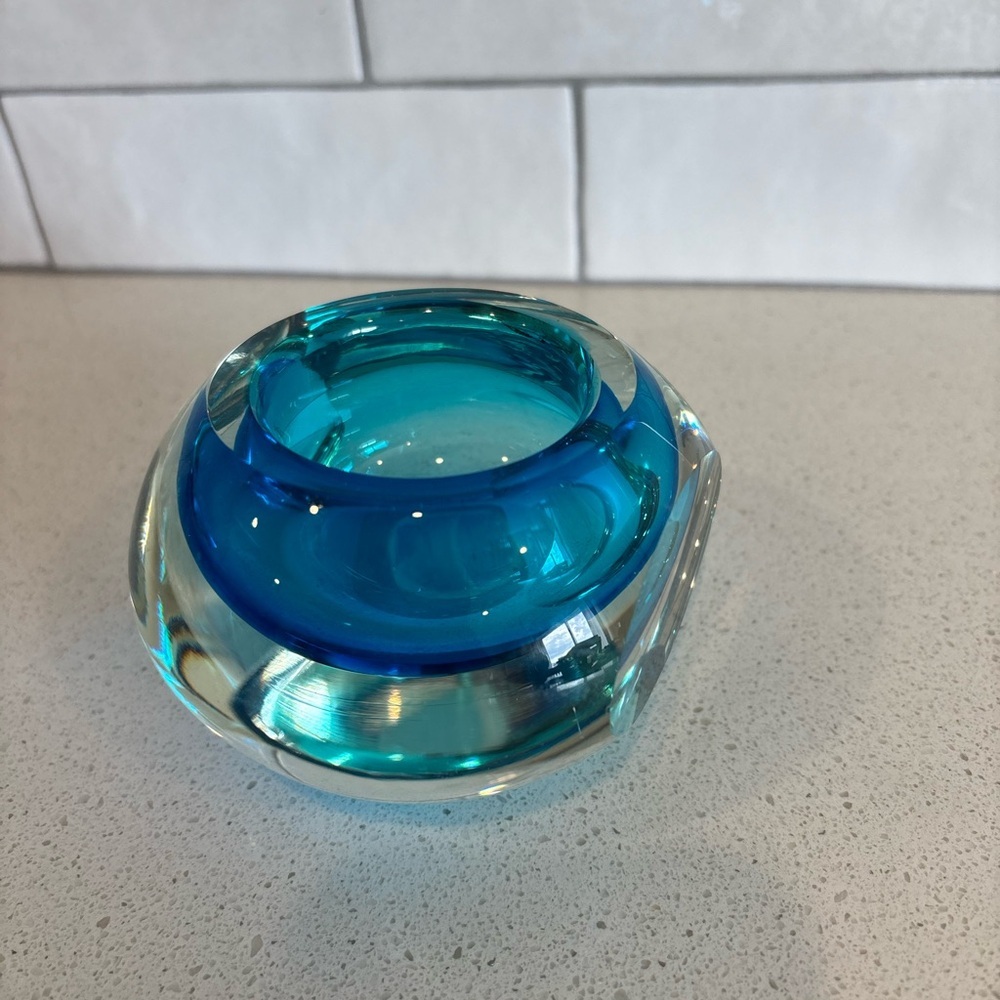 VTG Fifth Avenue Crystal Blue Clear Sommerso Faceted Votive Vase Paperweight